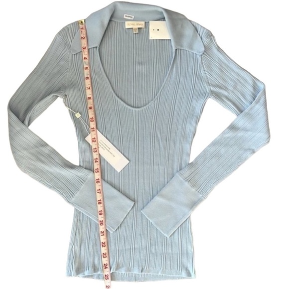 NWT Ronny Kobo Alanna Ribbed Knit Top Long Sleeves Collar Blue Ribbed Blouse - Picture 11 of 14